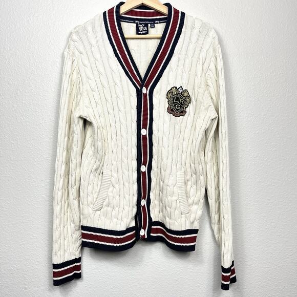 Cable Knit Preppy Cardigan Sweater Mens L Cream Red Blue Old Money Cricket Golf - Picture 1 of 11